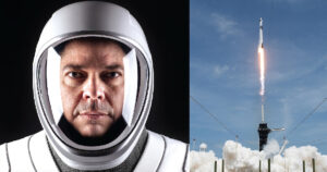 Alumnus Bob Behnken launched May 30, 2020 on NASA’s SpaceX Crew Dragon test flight mission, Demo-2, to the International Space Station. (Photos: Courtesy of NASA)