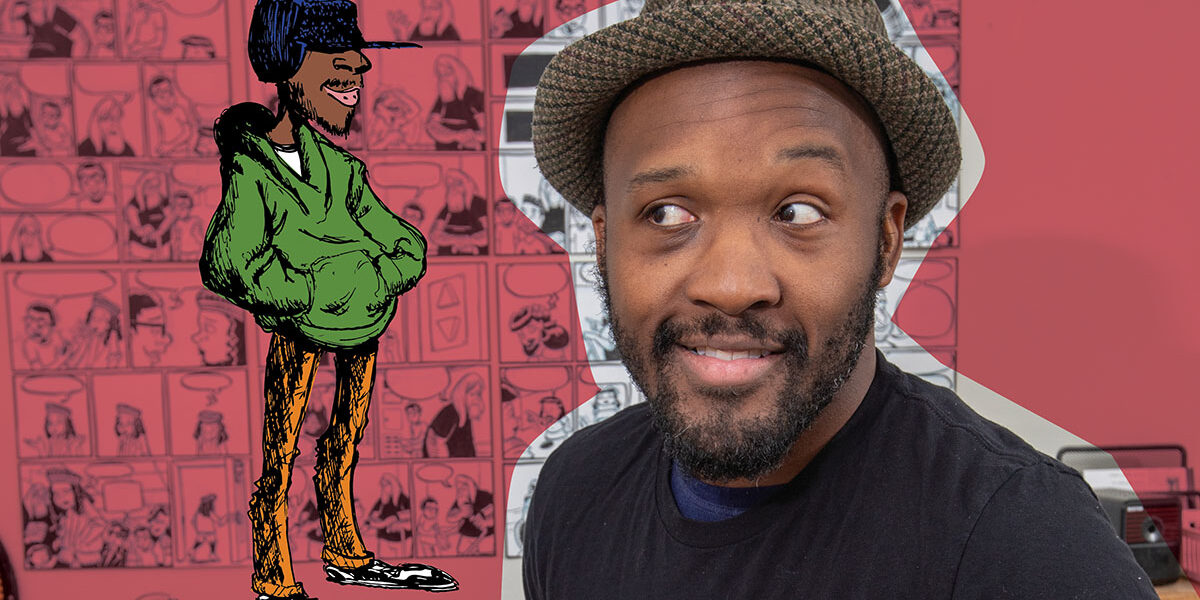 Comic book artist Dmitri Jackson with an illustration