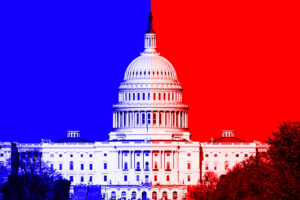 Senate building on red and blue background