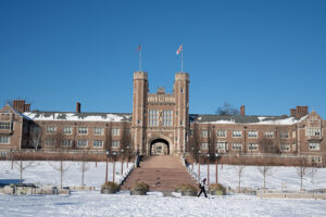 snow surrounds Brookings Hall