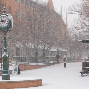 clock tower on South 40 in snow