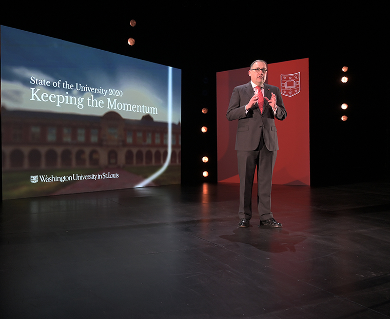 Chancellor Andrew D. Martin delivers his first State of the University Address in Edison Theatre. (Photo: James Byard/Washington University)