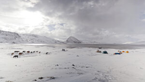 With tents pitched at a base camp at 16,000 feet in elevation, researchers wait out an unseasonal snowstorm at the edge of Lake Sibinacocha. The lake is surrounded by glaciated peaks that reach to almost 21,000 feet in elevation. (Photo: Tom Malkowicz)