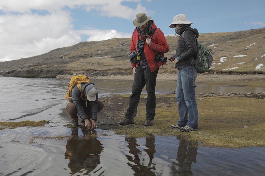 Researchers have  found artifacts on the shoreline, including some that Sarah Baitzel (right) believes might be mortuary monuments dating back to Inca or pre-Inca times. (Photo: Tom Malkowicz)