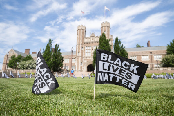 Black Lives Matter flags planted on Brookings Hall lawn