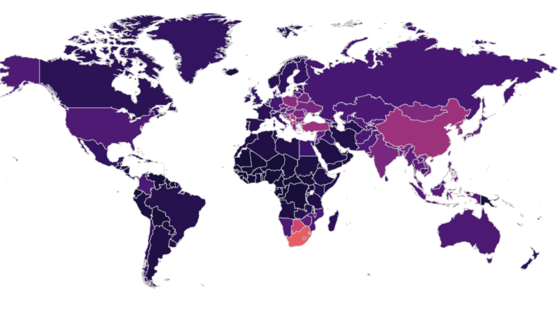 Map is nearly all purple, representing deaths attribuatable to coal. Standouts are China and South Africa