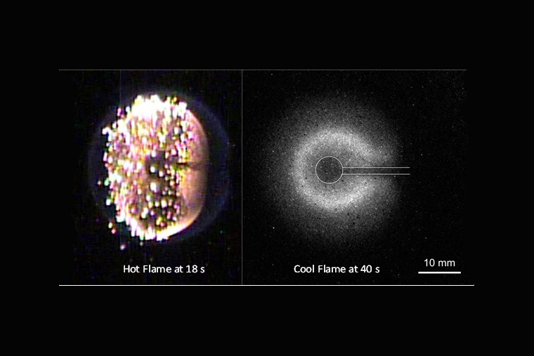 Image of a hot flame on the left and a cool flame on the right