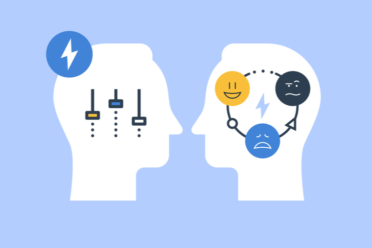 Graphic of two heads facing each other; one shows dials in its brain, the other shows faces representing different emotions. .