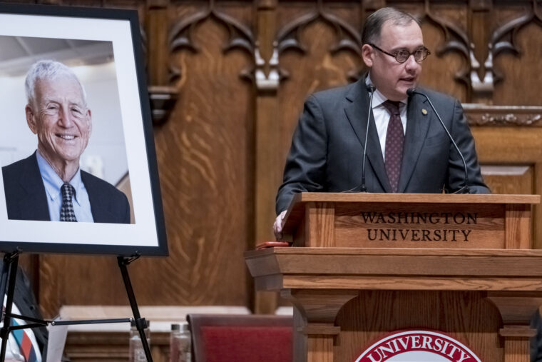 Chancellor Andrew D. Martin speaks at the memorial service for Chancellor Emeritus William H. Danforth Oct. 2, 2021, in Graham Chapel. (Photo: Whitney Curtis/Washington University)