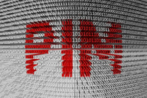 Illustration of a page of binary code with the letters "PIM" overlayed in red
