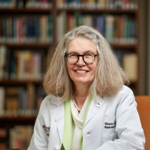Victoria Fraser, MD, in the Bernard Becker Medical Library. (Photo: Matt Miller/Washington University School of Medicine)