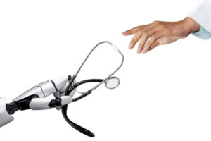 Robot hand giving a stethoscope to a doctor