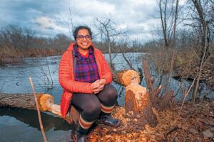 On Ellis Island in the Mississippi River, Arpita Bose harvests microbes in the wetlands area of the Riverlands Migratory Bird Sanctuary. (Photo: Joe Angeles/Washington University)