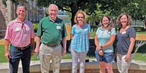 ABG members Kirk Wrobley, MBA ’91; Vince Belusko, BS ’78; Susan O. Warshaw, MSW ’79; Jamie Fleischner, AB ’95; and Lisa Perlmutter, AB ’93, BSOT ’97, were on campus for fall 2021 Move-In Day. Fleischner and Perlmutter are both parents of  students in the Class of 2025 who moved into their first-year dorms that day. (Courtesy photo)