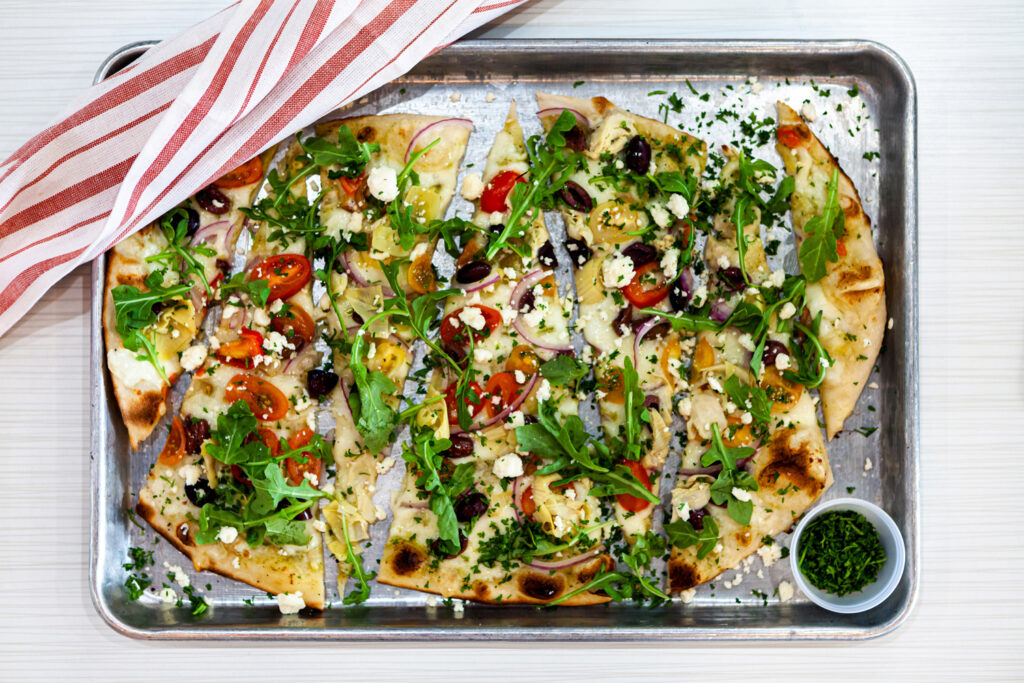 metal tray of mediterrainean flatbread