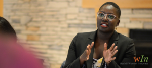 Atima Lui, founder of Nudest, addesses WashU students at a fireside chat at the HER Summit