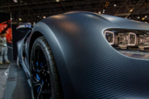 Front quarter panel of the 2019 Bugatti Chiron, a supercar with a carbon fiber body