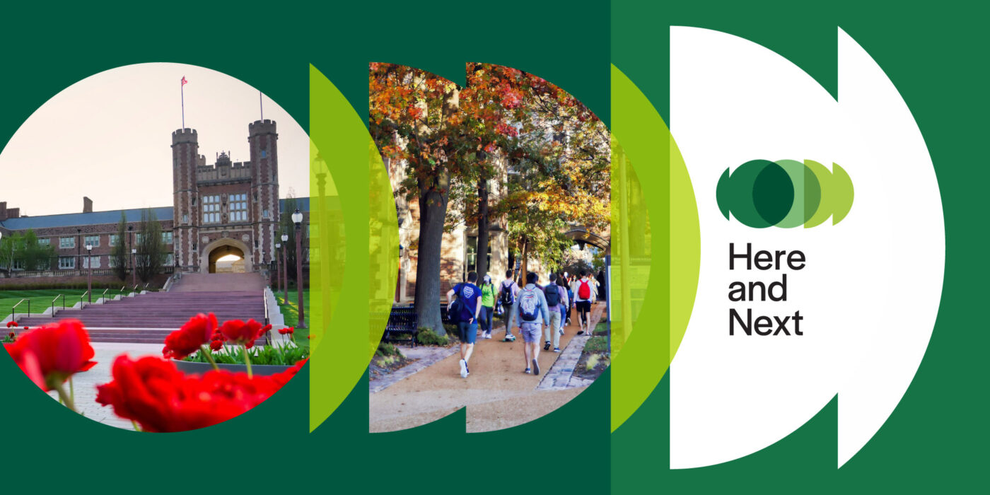 collage image featuring photo of Brookings with flowers in the foreground and a photo of students walking on campus