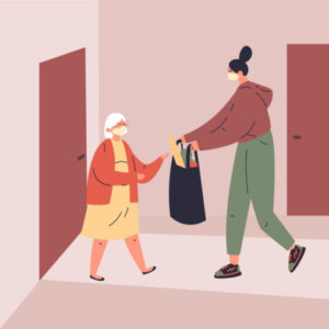 illustration of a younger person delivering groceries to an older person, both wearing face masks