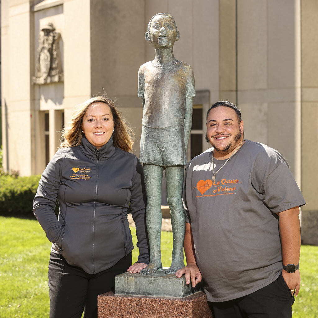 Kateri Chapman-Kramer (left) is the project manager of the Life Outside of Violence (LOV) program, and Melik Coffey, MSW ’11, is a clinical case manager for LOV at SSM Health Cardinal Glennon Children’s Hospital. (Photo: Jerry Naunheim Jr./Washington University)