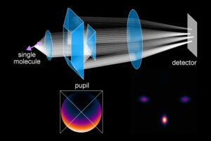 Diagram of the telescope-like raMVR microscope, showing light reflecting off of mirrors before hitting the detector.