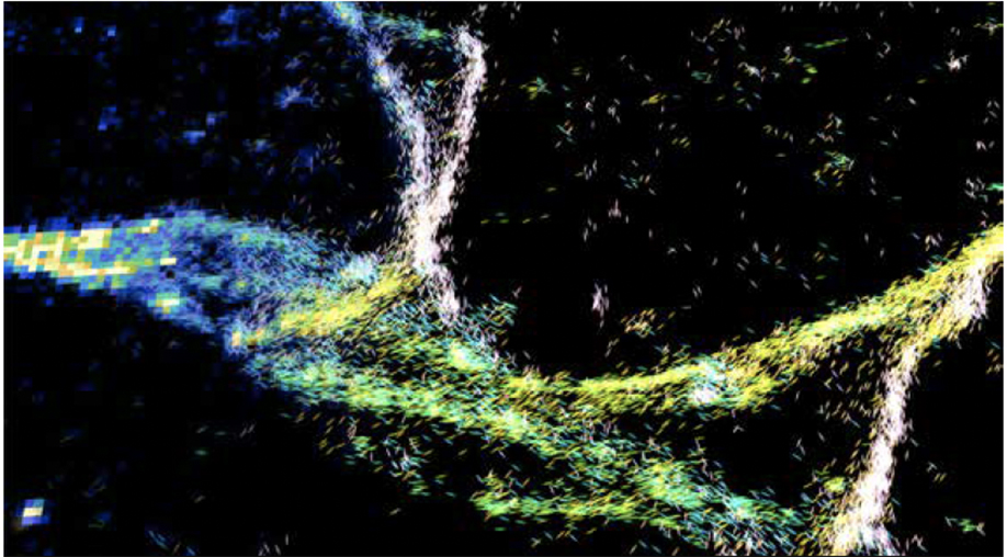 A new technique developed in the lab of Matthew Lew, associate professor of electrical & systems engineering, uses a mix of machine learning and traditional computation to reveal the location and orientation of single molecules, giving researchers new insights into how larger structures — like those responsible for Alzheimer’s disease — develop and evolve. None of this information is available in standard super-­resolution microscopy (as seen on the left).