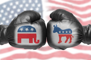 Two boxing gloves representing the Democrat and Republican parties