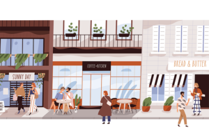 Graphic of customers outside restaurants and storefronts