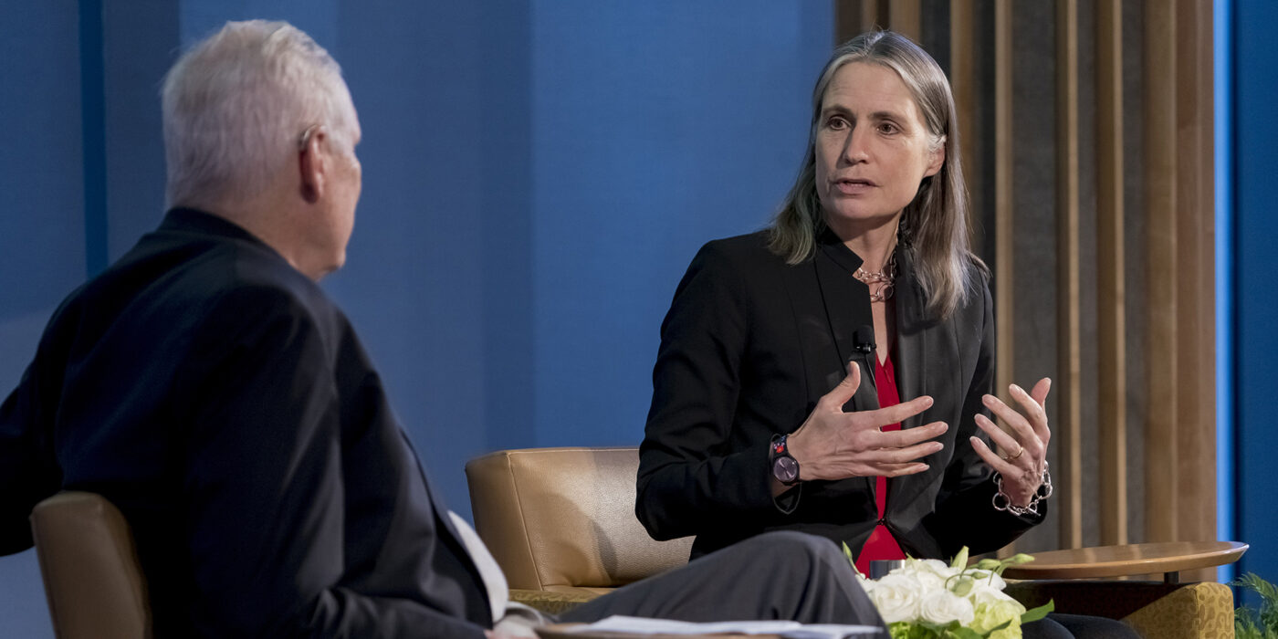 Russia expert Fiona Hill speaks with James Wertsch during an Assembly Series fireside chat on “The World Putin Wants” Jan. 26. (Photo: Whitney Curtis)