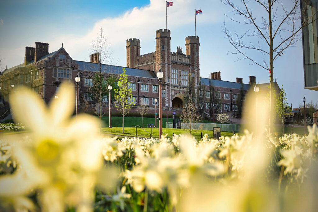 Brookings Hall with flowers