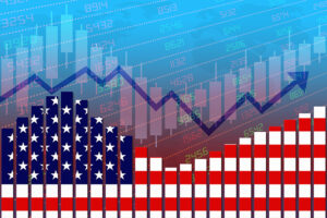 3D rendering of US flag on bar chart concept of economic recovery and business improving after crisis such as Covid-19 or other catastrophe as economy and businesses reopen again.