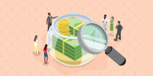 Illustration of a magnifying glass examining a stack of money