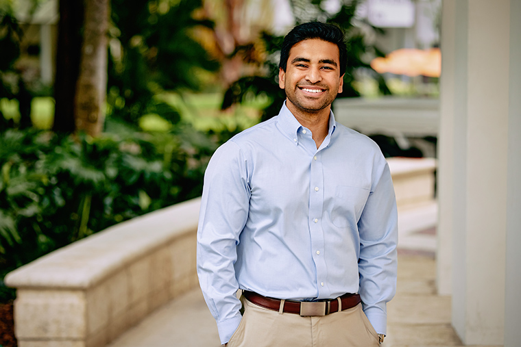 Washington University alumni Harsh Moolani outside of the University of Miami Medical Campus in Miami, Fla. on Wednesday, April 5, 2023. (Photo by Scott McIntyre for Washington Magazine)