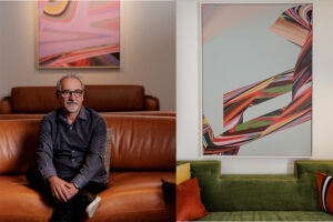 Two images. Carmon Colangelo seated with an original print-on-canvas, and one of Colangelo's prints in a guest suite.