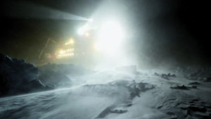 ship in the Arctic in blowing snow