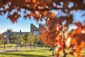 Brookings Hall with fall leaves