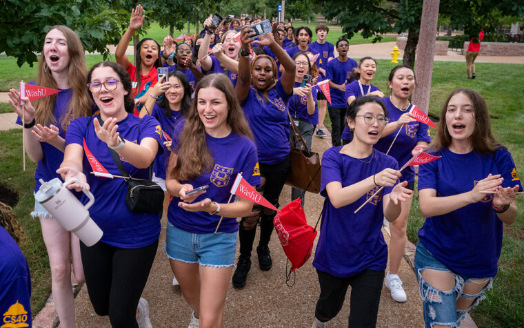 Members of the Class of 2027, WashU’s most diverse class yet, walk to Convocation Aug. 26. WashU’s 1,834 newest members represent all 50 states as well as 29 countries; 21% of students are Pell Grant-eligible; 17% are the first in their families to attend college; 53% identify as students of color; and 7% are from rural communities. (Photo: Sid Hastings/Washington University)