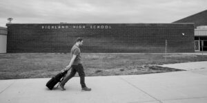 Dacoda Scarlett walking into Highland High School in Lewistown, Mo.