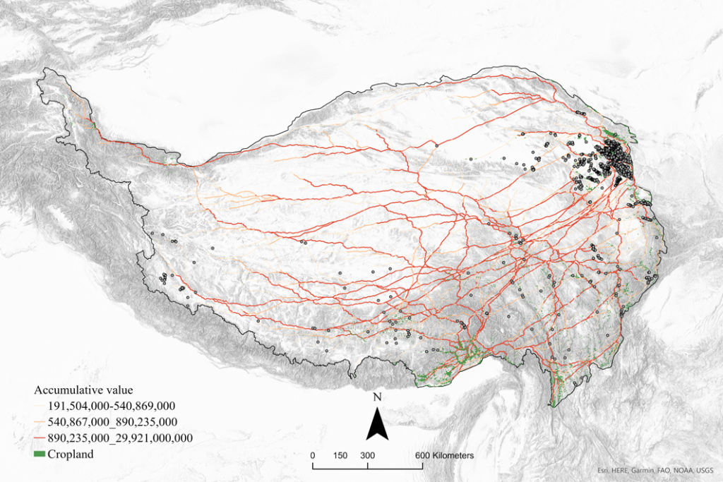 Simulated “mobility highways” of farmer-herder interactions overlaid with the geolocated archaeological sites dated between ca. 3600 and 2200 before present 