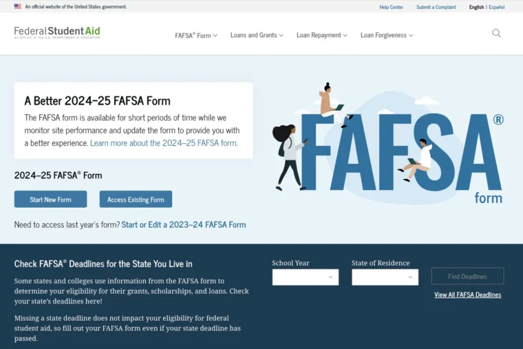 screenshot of FAFSA website