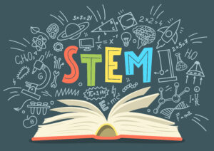 graphic with a book, the acronym STEM and various icons for math and science concepts