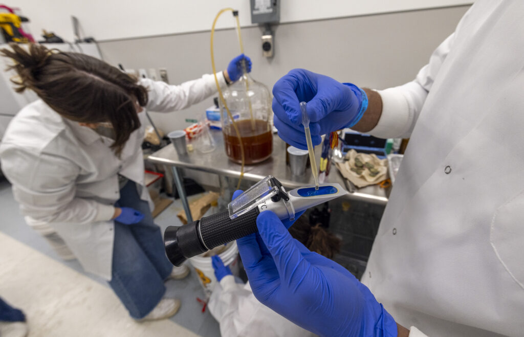 A dropper dangles above a refractometer