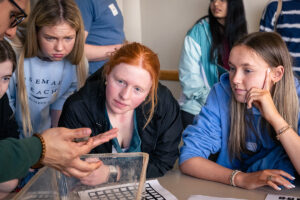 students look at horseshoe crab