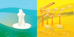 On climate, portraying people working together to solve problems is more effective than showing a lone polar bear adrift on a small patch of ice, says Eleanor Pardini. Pardini teaches an undergraduate course on science communication. (Illustration: Monica Duwel)