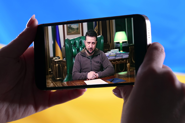 Volodymyr Zelensky, Ukrainian president, delivers a speech