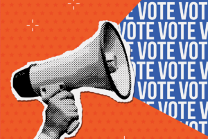 drawing of megaphone with the word 'Vote'
