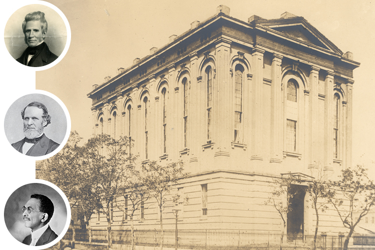 The WashU & Slavery Project is learning how histories of slavery and colonialism touch every school within the university. Capt. John O’Fallon (top) was one of the university’s early benefactors and founders of the St. Louis Medical College, precursor to the School of Medicine (image above circa 1876). He also was one of the largest slaveholders in the state and led its anti-abolitionist movement. Charles A. Pope (middle), professor of anatomy and physiology, became the medical school’s first dean of faculty. He also was O’Fallon’s son-in-law. Students are discovering that WashU did not stand at the forefront of desegregation either. After Walter Moran Farmer (bottom) graduated from the law school in 1889, the university stopped admitting Blacks until the mid-20th century. (Photo credits: Washington University Bernard Becker Medical Library; Washington University Archives; Bernard Becker Medical Library; courtesy of St. Louis American