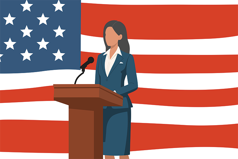 illustration of a woman at a podium in front of the American flag