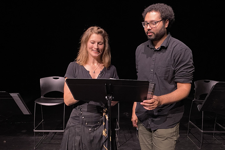 WashU playwrights Zach Berger and Frauke Thielecke (pictured, left) will present world-premiere staged readings as part of the 2024 A.E. Hotchner Playwriting Festival, sponsored by the Performing Arts Department in Arts & Sciences, this weekend at the A.E. Hotchner Studio Theatre in Mallinckrodt Center.