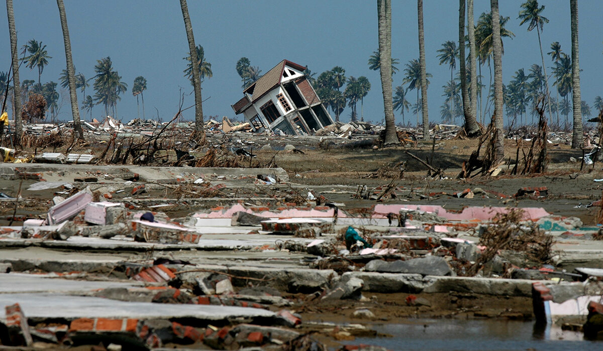 A building on its side surrounded by palm trees and rubble.